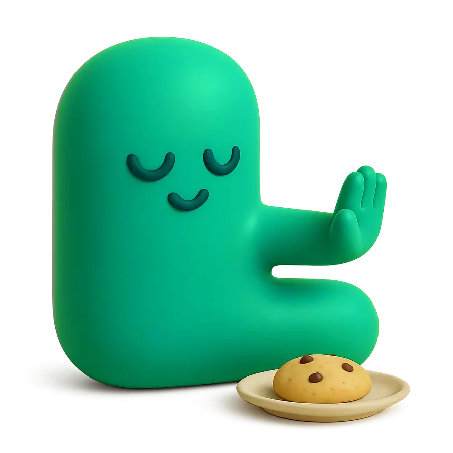 Leap politely waving away a chocolate-chip cookie on a plate