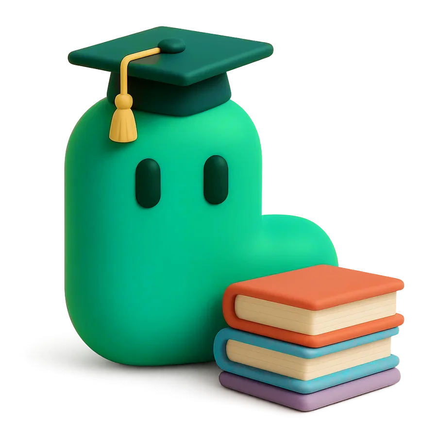 Leap in a graduation cap beside a stack of books