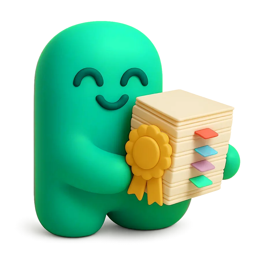 Leap hugging a bookmarked stack of source papers with a ribbon rosette