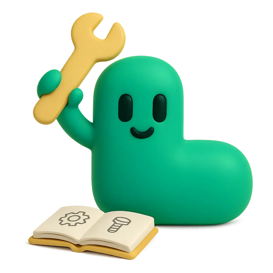 Leap raising a wrench beside an open manual