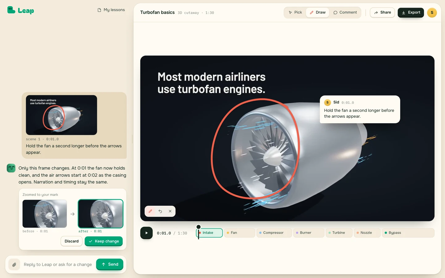 Leap's editor: a circle on one frame, a comment, and the frame before and after the change