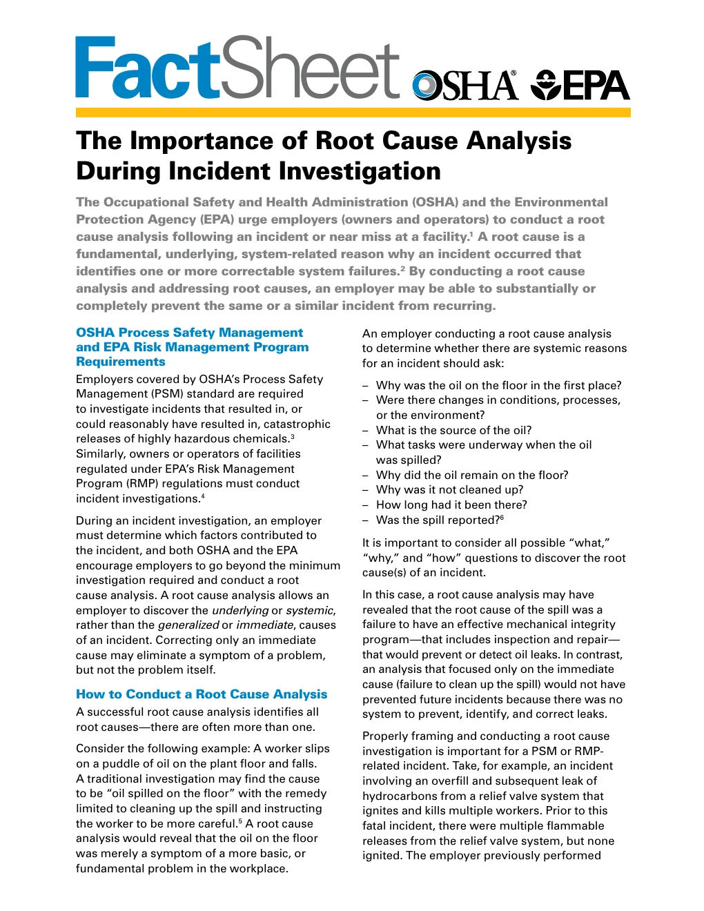 First page of the OSHA and EPA root cause analysis fact sheet