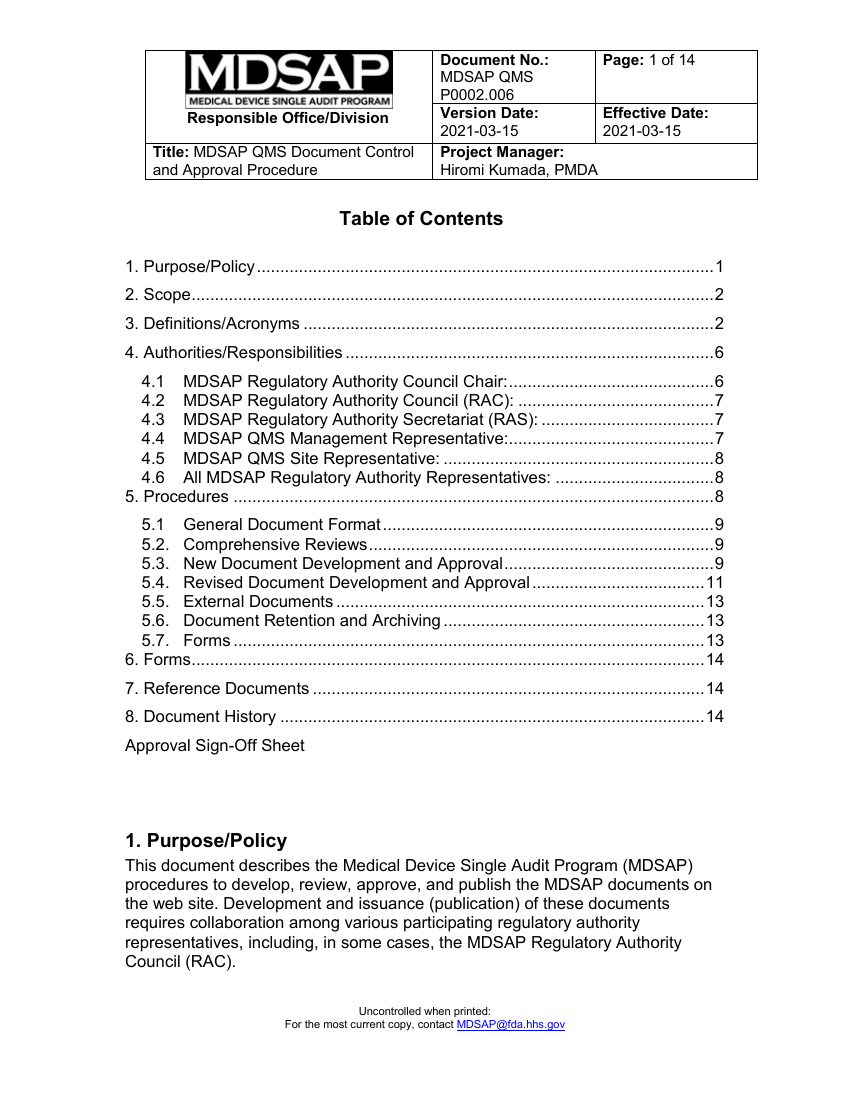 MDSAP QMS P0014.005 Document Control and Approval Procedure first page