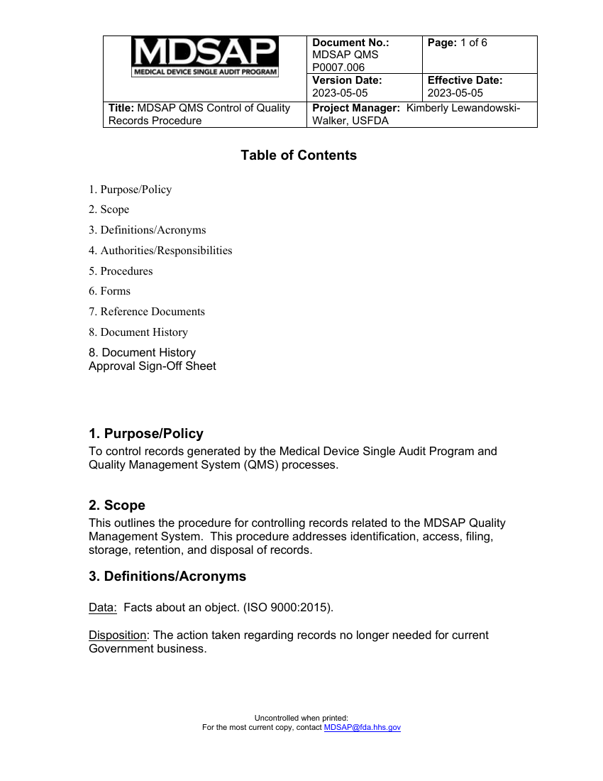 MDSAP QMS P0009.005 Control of Quality Records Procedure first page